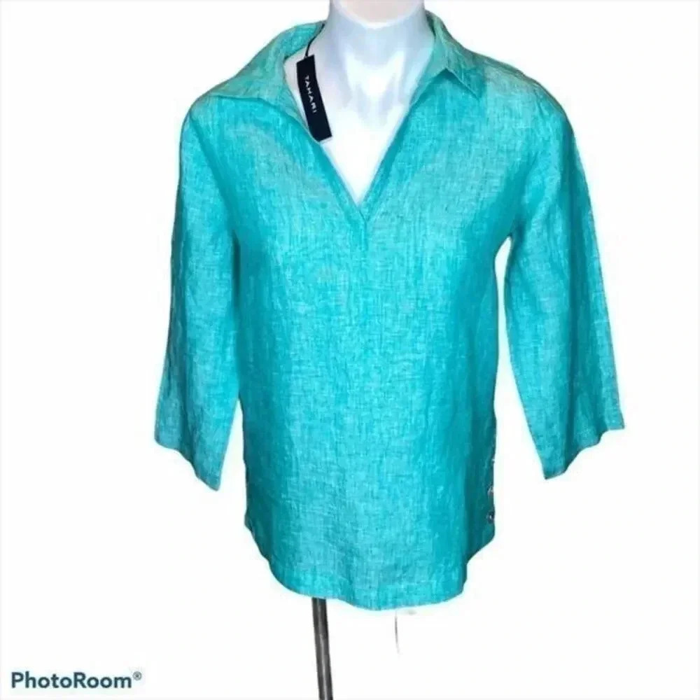 Tahari Turquoise V-Neck Linen Tunic NWT